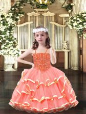  Watermelon Red Organza Lace Up Pageant Dress Toddler Sleeveless Floor Length Beading and Ruffled Layers