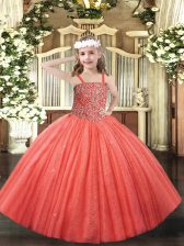 High End Tulle Straps Sleeveless Lace Up Beading Child Pageant Dress in Coral Red