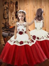  Floor Length Zipper Little Girls Pageant Dress Wholesale Red for Sweet 16 and Quinceanera with Embroidery