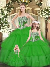 Fancy Green Ball Gowns Strapless Sleeveless Organza Floor Length Lace Up Beading and Ruffled Layers 15 Quinceanera Dress