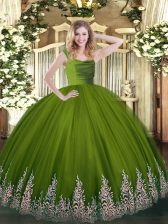 Great Floor Length Olive Green Ball Gown Prom Dress Tulle Sleeveless Beading and Appliques