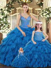  Straps Sleeveless Sweet 16 Quinceanera Dress Floor Length Beading and Ruffles Teal Organza