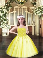  Spaghetti Straps Sleeveless Little Girl Pageant Dress Floor Length Beading Yellow Tulle