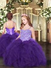 High Class Purple Tulle Lace Up Spaghetti Straps Sleeveless Floor Length Pageant Dresses Appliques and Ruffles