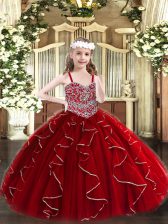 Inexpensive Wine Red Ball Gowns Straps Sleeveless Organza Floor Length Lace Up Beading and Ruffles Little Girl Pageant Gowns
