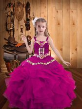Super Fuchsia Straps Neckline Embroidery and Ruffles Little Girls Pageant Dress Sleeveless Lace Up