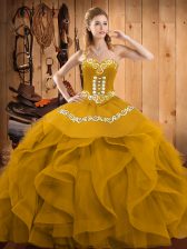 Best Selling Gold Ball Gowns Sweetheart Sleeveless Organza Floor Length Lace Up Embroidery and Ruffles Quinceanera Dress