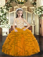 Custom Fit Tulle Sleeveless Floor Length Pageant Dress Womens and Beading and Ruffles