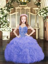  Blue Organza Lace Up Little Girl Pageant Dress Sleeveless Floor Length Beading and Ruffles and Pick Ups