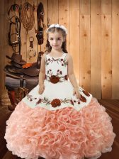  Peach Ball Gowns Embroidery and Ruffles Little Girl Pageant Dress Lace Up Fabric With Rolling Flowers Sleeveless Floor Length