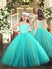 Charming Turquoise Ball Gowns Tulle Straps Sleeveless Beading and Lace Floor Length Zipper Girls Pageant Dresses