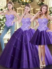  Sleeveless Floor Length Beading Lace Up Quince Ball Gowns with Purple