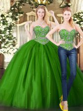 Delicate Tulle Sweetheart Sleeveless Lace Up Beading Sweet 16 Dresses in Dark Green