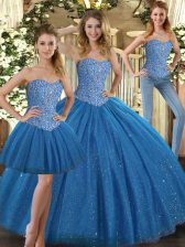Enchanting Teal Ball Gowns Sweetheart Sleeveless Tulle Floor Length Lace Up Beading Vestidos de Quinceanera