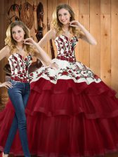 Designer Organza Sweetheart Sleeveless Sweep Train Lace Up Embroidery Quinceanera Gowns in Wine Red