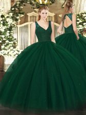  Dark Green V-neck Neckline Beading and Lace Quinceanera Gowns Sleeveless Backless
