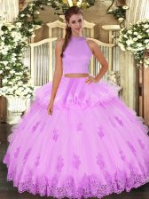 Fancy Halter Top Sleeveless Tulle Sweet 16 Dress Beading and Appliques and Ruffles Backless