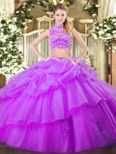Deluxe Eggplant Purple Quinceanera Dresses Military Ball and Sweet 16 and Quinceanera with Beading and Ruffles and Pick Ups High-neck Sleeveless Backless