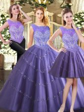  Lavender Three Pieces Tulle Scoop Sleeveless Beading Floor Length Zipper Ball Gown Prom Dress