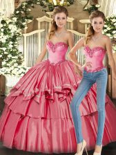 Fitting Watermelon Red Lace Up Sweet 16 Dress Beading and Ruffled Layers Sleeveless Floor Length