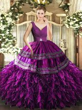 Fine Purple Organza Backless V-neck Sleeveless Floor Length 15 Quinceanera Dress Beading and Ruffles and Ruching