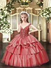  Ball Gowns Kids Pageant Dress Coral Red V-neck Organza Sleeveless Floor Length Lace Up