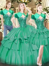 Super Floor Length Turquoise Quince Ball Gowns Tulle Sleeveless Beading and Ruffled Layers