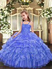  Lavender Organza Lace Up Little Girls Pageant Dress Wholesale Sleeveless Floor Length Beading and Ruffled Layers and Pick Ups