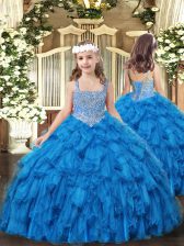  Straps Sleeveless Lace Up Kids Formal Wear Baby Blue Tulle