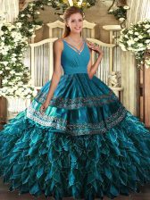  Blue Ball Gowns Satin and Organza V-neck Sleeveless Ruffles Floor Length Backless Ball Gown Prom Dress