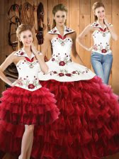 Captivating Wine Red Sleeveless Embroidery and Ruffled Layers Floor Length Quinceanera Dress