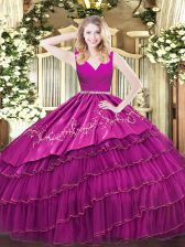 Sumptuous Fuchsia Ball Gowns Embroidery and Ruffled Layers Quince Ball Gowns Zipper Satin and Organza Sleeveless Floor Length