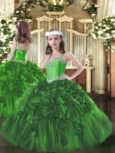 Classical Beading and Ruffles Pageant Dresses Dark Green Lace Up Sleeveless Floor Length