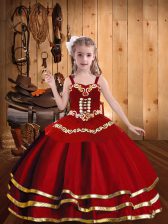  Red Lace Up Little Girls Pageant Dress Embroidery and Ruffled Layers Sleeveless Floor Length