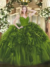  Olive Green 15 Quinceanera Dress Military Ball and Sweet 16 and Quinceanera with Beading and Lace and Ruffles V-neck Sleeveless Backless