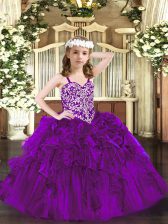 Fantastic Ball Gowns Little Girls Pageant Dress Purple Straps Organza Sleeveless Floor Length Lace Up