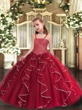 New Style Beading and Ruffles Little Girls Pageant Gowns Red Lace Up Sleeveless Floor Length