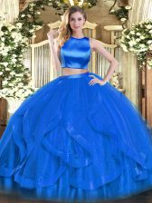 Attractive Blue Criss Cross High-neck Ruffles Ball Gown Prom Dress Tulle Sleeveless