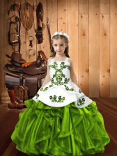  Straps Sleeveless Child Pageant Dress Floor Length Embroidery and Ruffles Organza