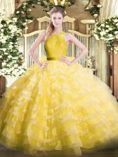 Extravagant Yellow Sleeveless Organza Zipper Quinceanera Dress for Military Ball and Sweet 16 and Quinceanera