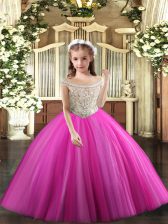  Fuchsia Lace Up Off The Shoulder Beading Kids Pageant Dress Tulle Sleeveless