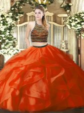  Orange Red Sleeveless Organza Zipper Quinceanera Gown for Military Ball and Sweet 16 and Quinceanera