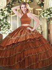  Brown Backless Halter Top Beading and Embroidery and Ruffled Layers Quince Ball Gowns Organza Sleeveless