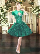 Designer Mini Length Dark Green Prom Gown Organza Sleeveless Beading and Ruffles