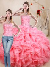  Ball Gowns Sweet 16 Dress Watermelon Red Sweetheart Organza Sleeveless Floor Length Lace Up