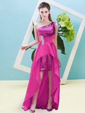 Most Popular Sleeveless Elastic Woven Satin and Sequined High Low Lace Up Prom Dresses in Fuchsia with Beading and Sequins