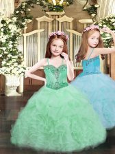 Beauteous Apple Green Organza Lace Up Spaghetti Straps Sleeveless Floor Length Little Girl Pageant Gowns Beading and Ruffles and Pick Ups