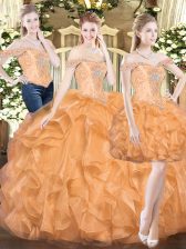  Orange Red Sleeveless Organza Lace Up Quinceanera Dress for Military Ball and Sweet 16 and Quinceanera