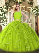 Most Popular Yellow Green Sleeveless Lace and Ruffles Floor Length Quince Ball Gowns