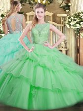 Fancy Apple Green Tulle Backless Scoop Sleeveless Floor Length Quinceanera Gown Beading and Ruffled Layers